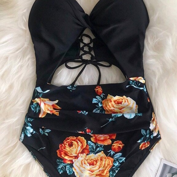 Black Floral Halter Tummy Control One Piece NWT * 2 for $40 * - Picture 6 of 7